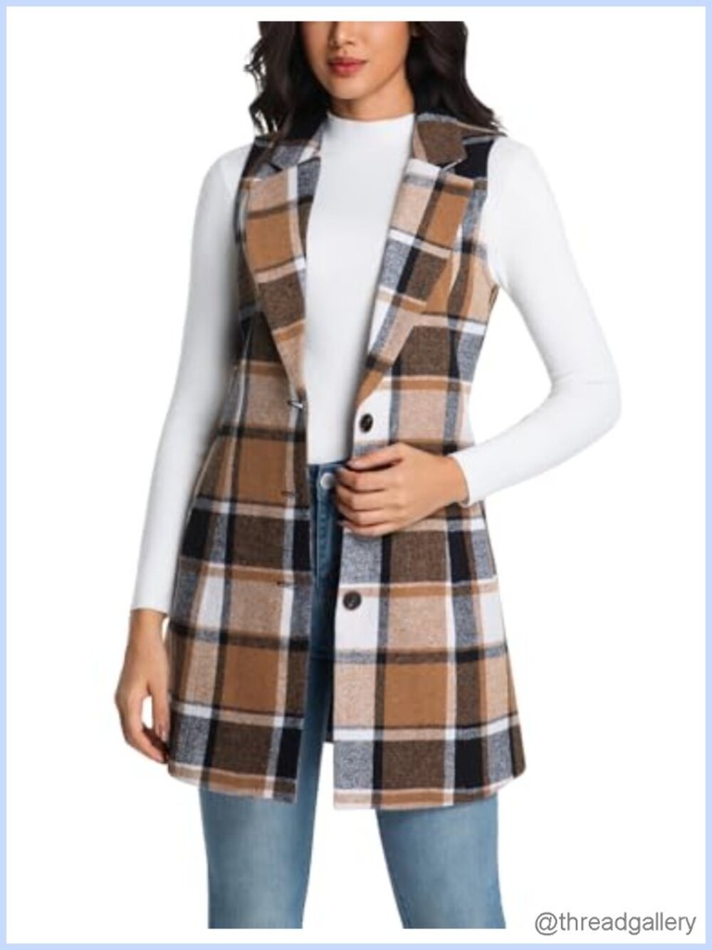 Womens Long Wool Blend Plaid Vest Sleeveless Blazer Jacket Trench Coat